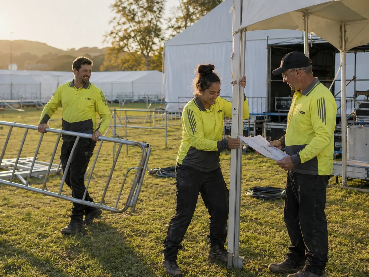Temp Company casual crew setting up event fencing and marquees at dawn