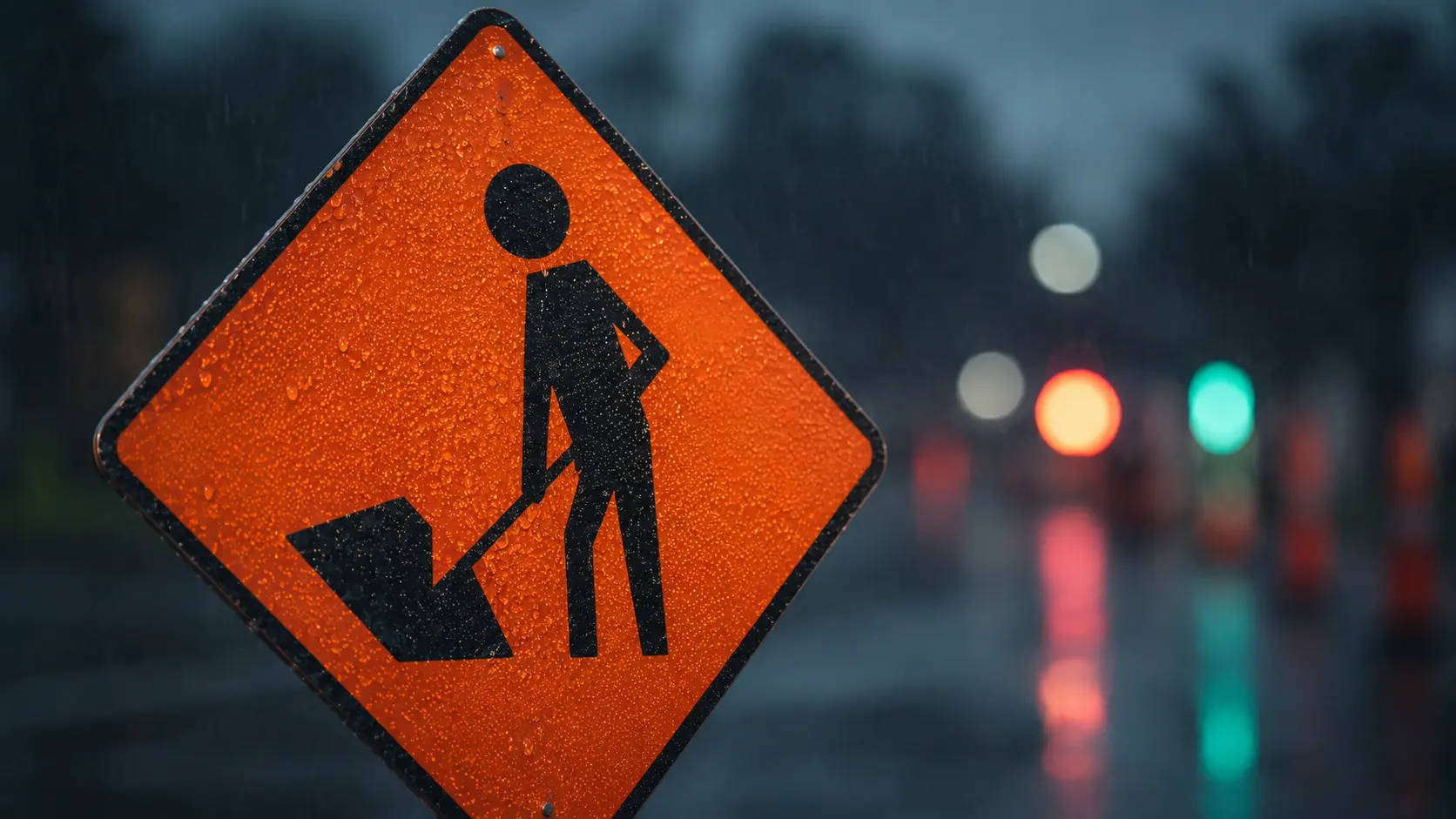 Roadworks warning sign covered in rain on a wet road at dusk