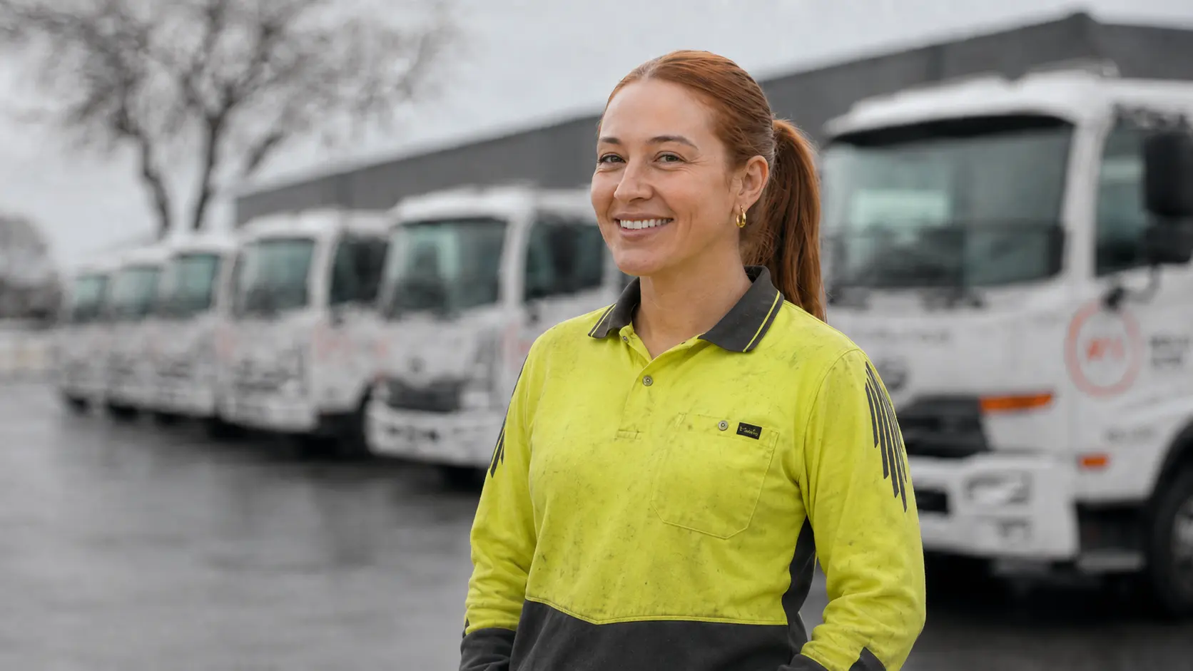 Temp Company casual worker in hi-vis at the truck yard